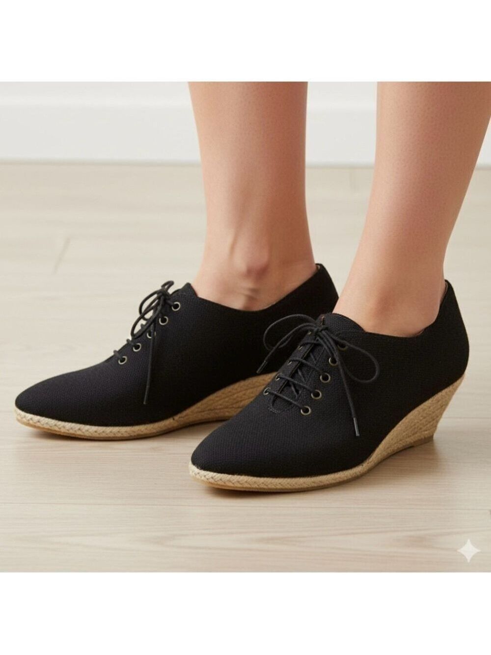 ATELIERS Black Leather Backed Canvas Pointy Toe Lace Up Espadrille Wedges Sz 8.5
